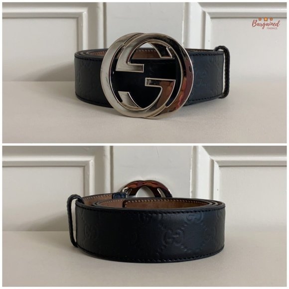 Authentic Gucci Black Guccissima Leather Silver Interlocking G Buckle Belt 95/38 - Picture 3 of 13